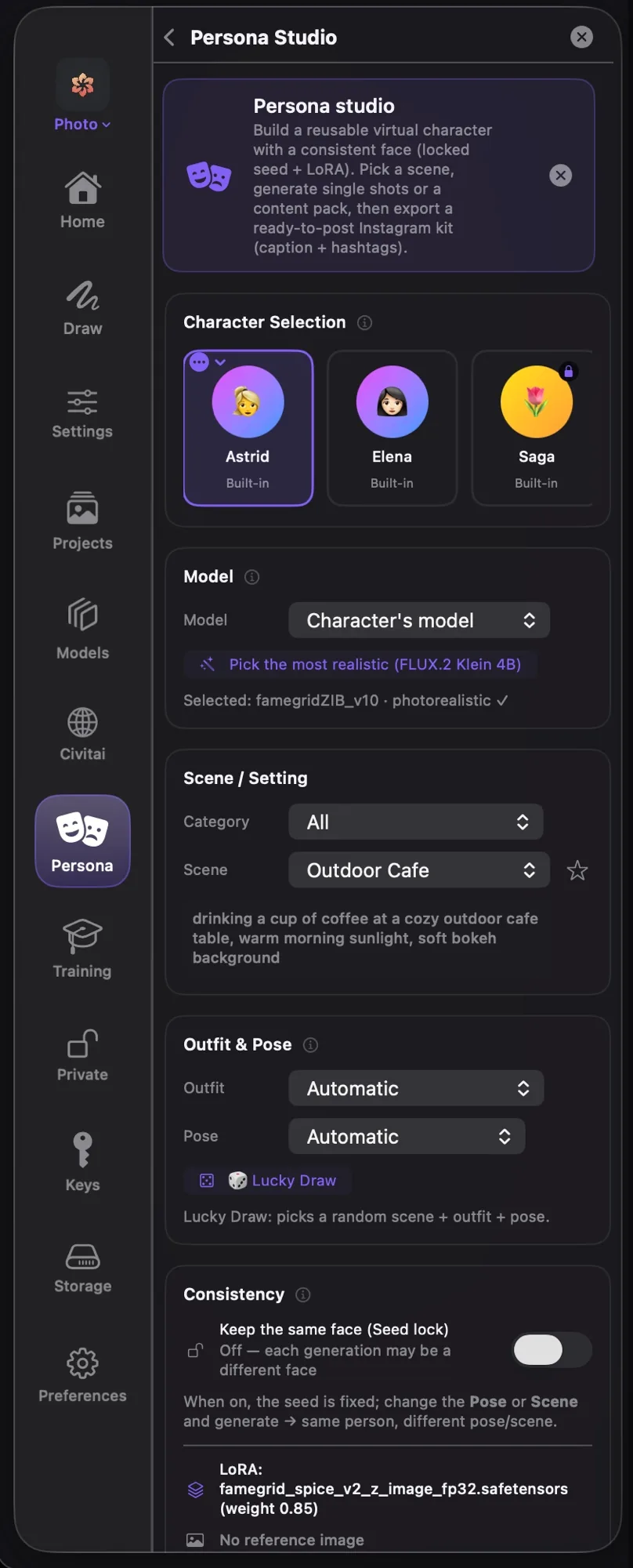 Saglitz Studio Persona Studio — consistent characters with seed lock and LoRA