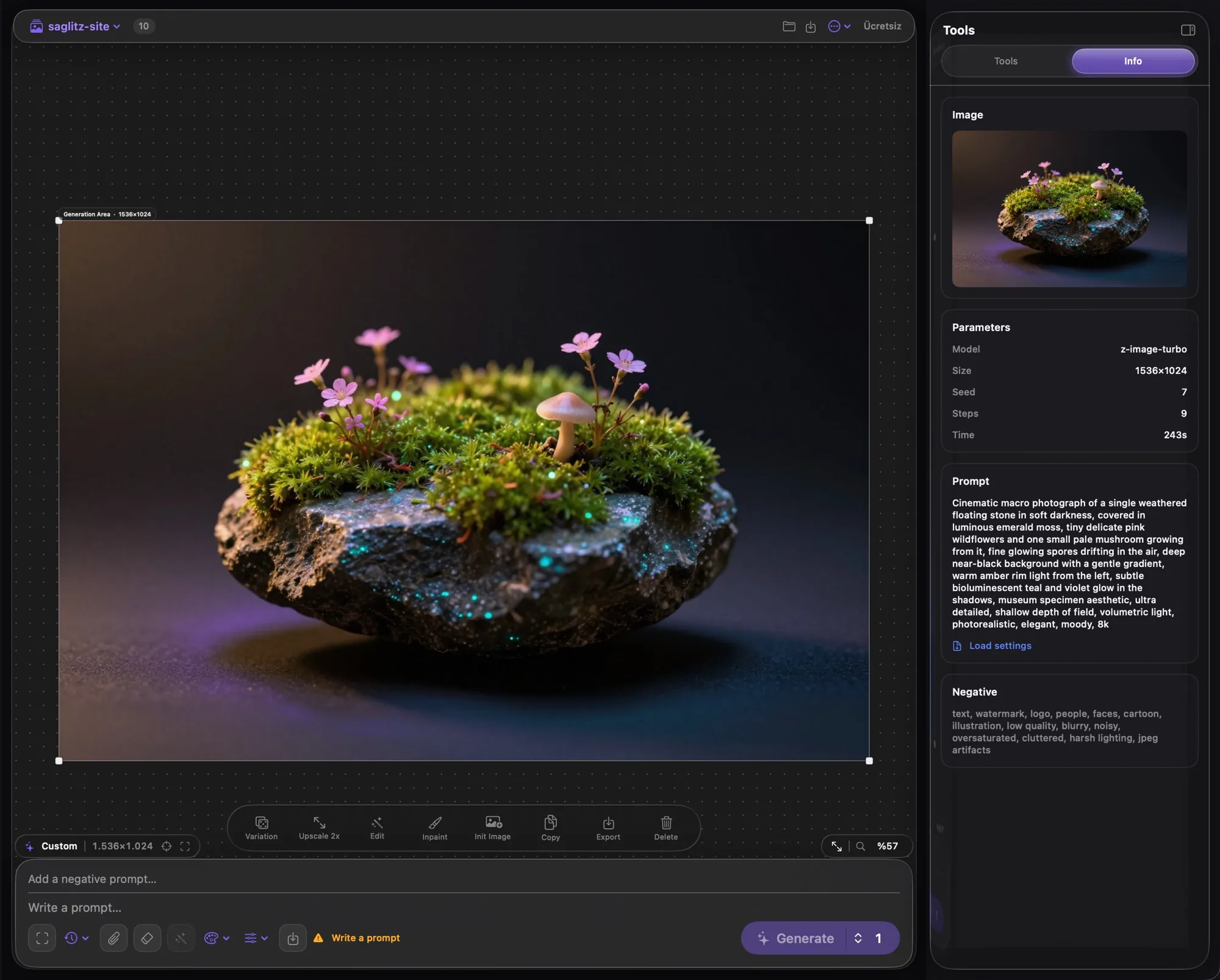 A photorealistic render open on the Saglitz Studio canvas with its parameters