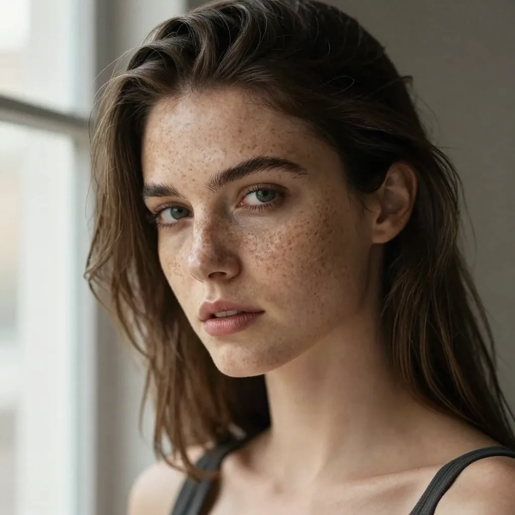 Photorealistic freckled studio portrait generated in Saglitz Studio